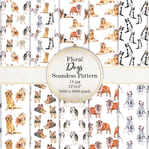 Sömlöst blommönster med hund: Scrapbook-papper med vit bakgrund (digitalt papperspaket)