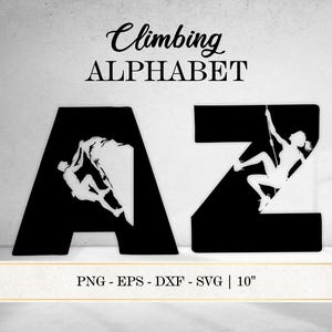 May include: Black and white Climbing Alphabet letters A and Z, each with a climber silhouette. The letter A features a climber on a rock face, while Z shows a climber on a rope. The text "Climbing ALPHABET" is above the letters.