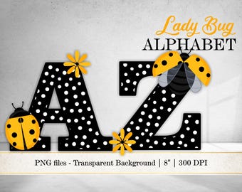 Yellow Ladybug Letters PNG,  A to Z Alphabet Graphics, Polka Dots Letters Clipart, Sublimation File