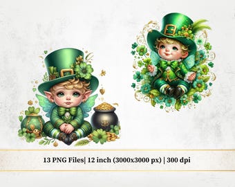 Akwarelowy obrazek skrzata, grafika dla dzieci fantasy w formacie PNG, uroczy dekoracyjny wydruk artystyczny do pobrania w wersji cyfrowej, PNG ze św. Patrykiem