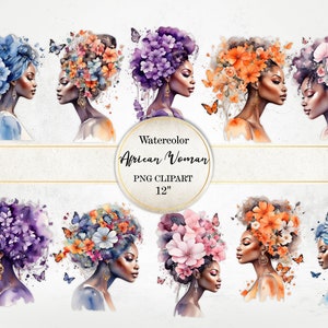 Schöne afrikanische Frau mit Blumen und Schmetterling, afroamerikanische Frau Sublimationsdesign, Aquarell schwarz weiblich Clipart