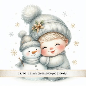 Boy Playing with Snowman Clipart, Watercolor Silver and Gold Image (Digital Download)