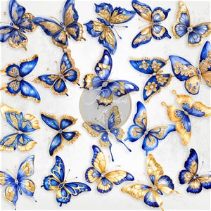 Pacchetto di immagini di farfalle con diamanti blu reale e oro, clipart di farfalle ad acquerello, immagini PNG di farfalle blu reale, farfalle scintillanti