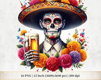 May include: A Day of the Dead illustration. A skull with floral makeup wears a sombrero and holds a pint of beer. The image is framed by colourful flowers in pink, orange, and purple hues.