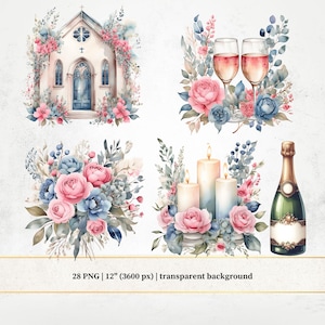 Clipart de casamento rosa e azul, clipart de aquarela para o dia do casamento, 28 PNGs transparentes, elementos de beleza para casamento