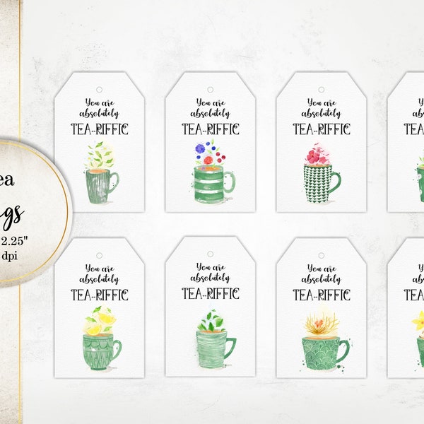 You Are Absolutely Tea-Riffic Thank You Gift Tags, Tea tags, Printable Tags, Instant Download,  Green Cups Favor Tags