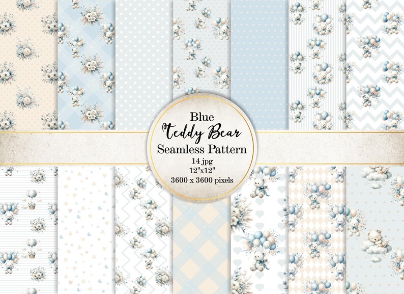 Blue Teddy Bear Digital Paper Pack: Seamless Scrapbook Patterns ...