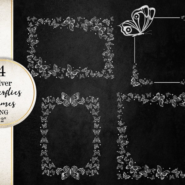 Silver Foil Butterflies Frames, Lace Butterflies Clipart, Silver Butterfly PNG Image, Rectangular and Square Frames SI0063