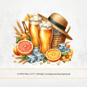 Watercolor Beer Themed Clipart Set, Illustration of Beer PNG, Vintage Beer Bottle and Mug, Sublimation File