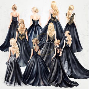 Vestido preto aquarela clipart, aquarela elegante dama de honra doce dezesseis anos vestido, cabelo loiro vista traseira princesa, arquivos PNG