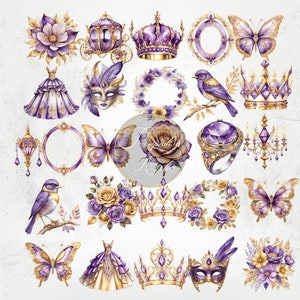 Elementos de Quinceanera roxos e dourados Clipart, PNGs transparentes, Clipart de Quinceanera, Bridesman, Clipart de Sweet Sixteen