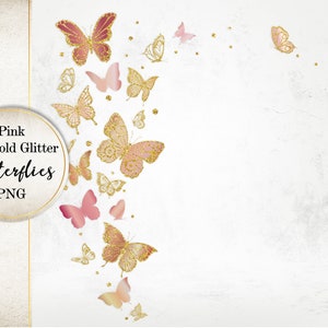 Rosegold und Gold Glitter fliegende Schmetterlinge Komposition, Gold Schmetterlinge Clipart, goldene und rosa metallische Schmetterling PNG Ecke SI0072