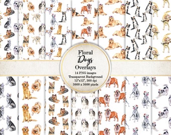 Puede incluir: Un conjunto de 14 patrones de papel digital con ilustraciones de acuarela de perros con coronas de flores. Los patrones son sin costuras y se repiten, y son perfectos para proyectos de manualidades, scrapbooking y diseño digital.