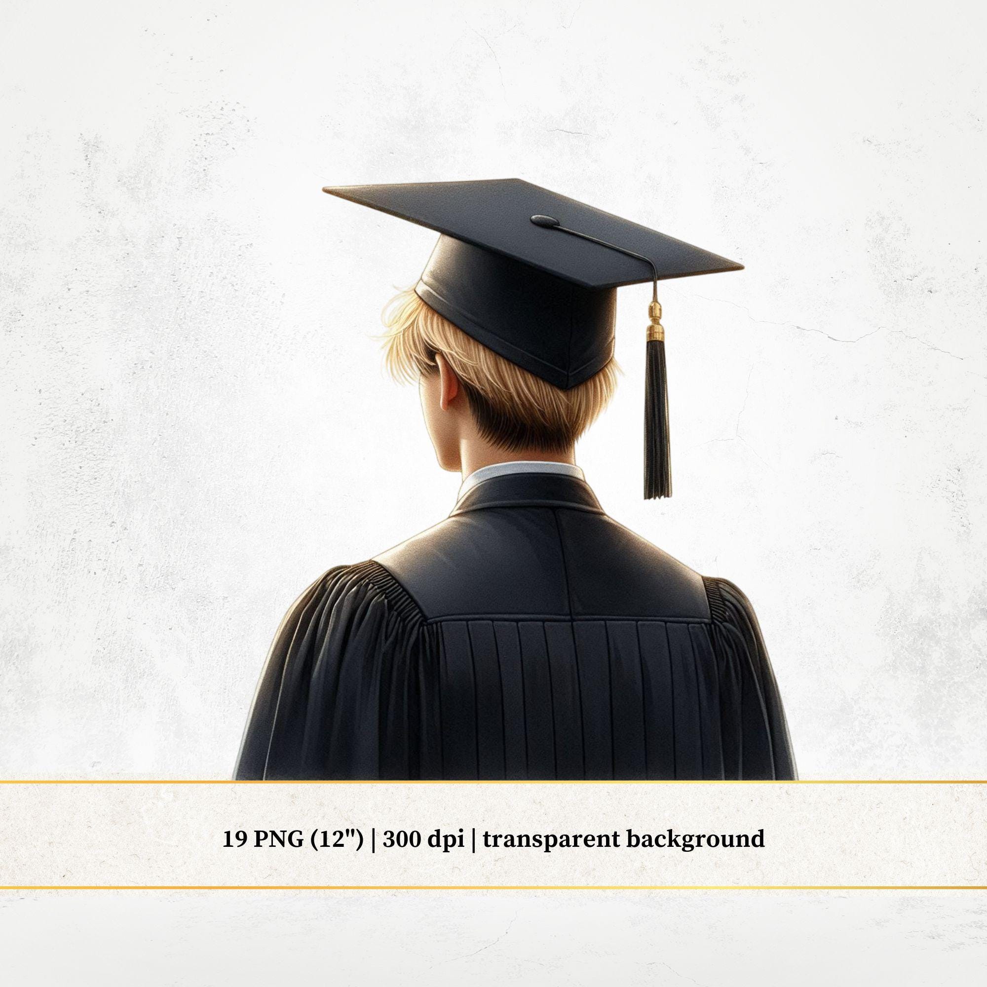 Watercolor Graduation Boy Clipart: Back View, Black Outfit (PNG Files ...