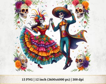 May include: A colourful illustration shows a skeleton couple dancing in traditional Mexican attire. The woman wears a vibrant dress, while the man dons a charro suit and sombrero. Sugar skull motifs and floral accents frame the scene, celebrating Dia de los Muertos.