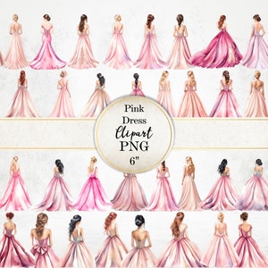 Verschiedene Haare Rückansicht Prinzessin, rosa Kleid Prinzessin Aquarell Clipart, Aquarell rosa Brautjungfer Sweet Sixteen Kleid, PNG Dateien