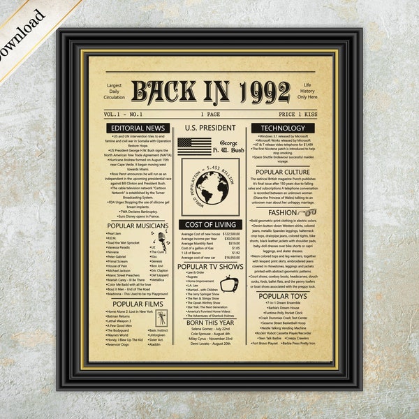 Back In 1992 Poster, Back in time Poster, Birthday 1992 Facts, Party Decoration, Flashback 1992, Printable Gift