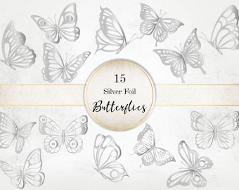 Silver Foil Butterflies Clipart: Lace PNG Graphics (Commercial Use)