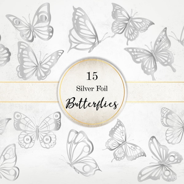 Silver Foil Butterflies Image Pack, Lace Butterflies Clipart, Silver Butterfly PNG Image, PNG graphics, Commercial use SI0063