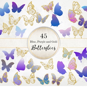 Blau, Lila und Gold Glitzer Schmetterlinge Bildpaket, Spitzen Schmetterlinge Clipart, Golden und Blau Mettalic Schmetterling PNG Bildpaket SI0075