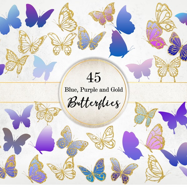 Blue, Purple and Gold Glitter Butterflies Image Pack, Lace Butterflies Clipart, Golden and Blue Mettalic Butterfly PNG Image Bundle SI0075