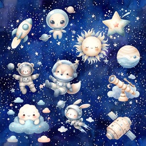 Clipart de acuarela azul espacial para niños, gráficos de planetas, astronautas bebés, imágenes prediseñadas de cohetes, decoración infantil y de guardería.