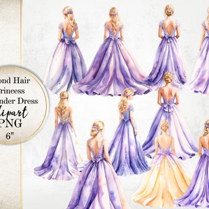 Princesa con cabello rubio de espaldas, vestido de princesa color lavanda, clipart de acuarela, vestido de dama de honor morado claro con acuarela para dulces dieciséis, archivos PNG