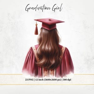Abschluss-Mädchen im Kastanienbraunen Outfit, Aquarell verschiedene Arten von Haaren Abschluss-Mädchen-Clipart, Rückansicht junge Frauen, PNG-Dateien