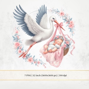 Ooievaar levert een pasgeboren babymeisje clipart, roze pastel baby png, aquarel ooievaar, aquarel sprookjes kinderkamer kunst, kaarten maken