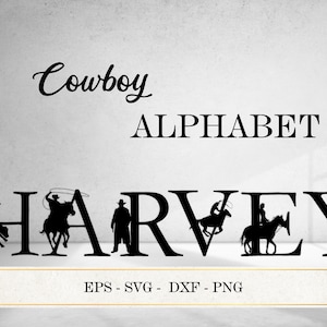 Alfabeto SVG de silueta de vaquero, monograma de letras A a Z, imagen PNG de fuente, letras del alfabeto con vaqueros, rodeo