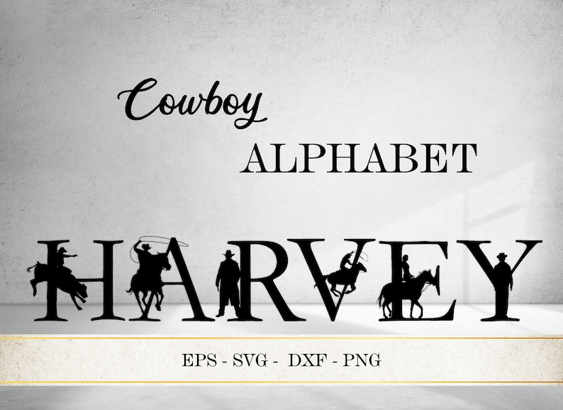 May include: Cowboy alphabet letters in black, forming the name HARVEY. Each letter features a silhouette of a cowboy riding a horse or lassoing a calf.