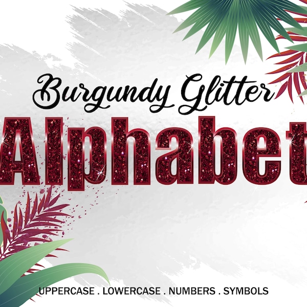 Burgundy Glitter and Metallic Alphabet Clipart, Dark Red Digital Letters Numbers and Symbols, Deep Red color Font PNG Image