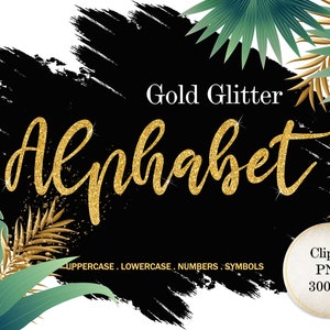 Alfabeto con caligrafía dorada brillante, letras, números y símbolos digitales con purpurina dorada, fuente dorada PNG, gráficos de letras del alfabeto