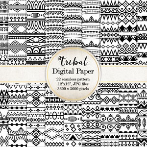 Black and White Tribal Seamless Pattern, Aztec Digital Paper, Ethnic Theme Background, Abstract Backdrop