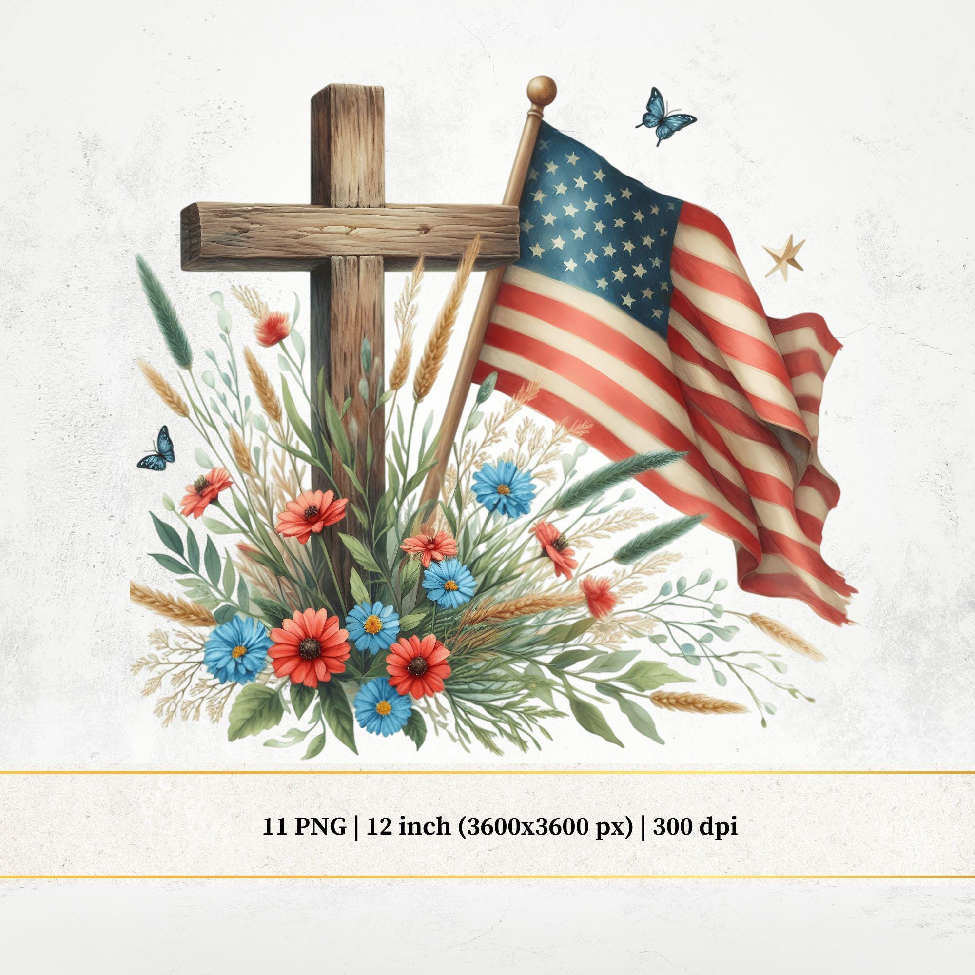 Watercolor American Flag Cross Clipart: Memorial Day PNG (digital ...