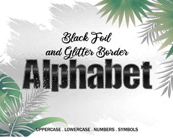 Clipart dell'alfabeto glitterato nero: lettere metalliche, numeri, simboli (download digitale PNG)