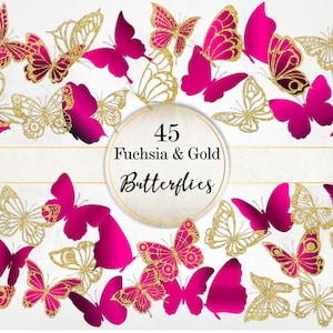 Fuchsia und Gold Glitzer Schmetterlinge Bild Paket, Spitze Schmetterlinge Clipart, Golden und Pink Metallic Schmetterling PNG Bild Bündel SI0081
