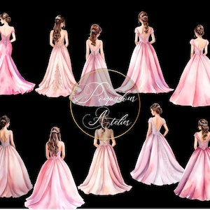 Bruin haar achteraanzicht prinses, roze jurk prinses aquarel clipart, aquarel roze bruidsmeisje Sweet Sixteen jurk, png-bestanden