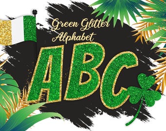 Green and Gold Glitter Alphabet Clipart, St Patricks Day Digital Letters, Numbers and Symbols, PNG Images Sublimations Designs