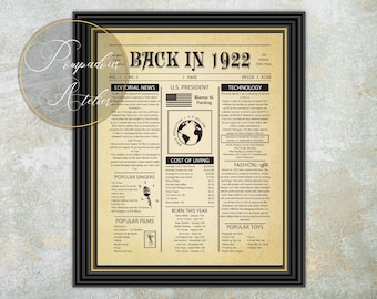 Back In 1922, Born in 1922 Poster, Retro Style Poster, 1922 Flashback, Decoration Idea, Printable Vintage Newspaper