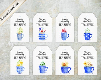 You Are Absolutely Tea-Riffic Thank You Gift Tags, Tea tags, Printable Tags, Instant Download, Blue Favor Tags SI0054