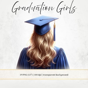 Chica graduada con diferentes tipos de cabello en acuarela, ilustración de una joven con traje azul rey, vista trasera, archivos PNG