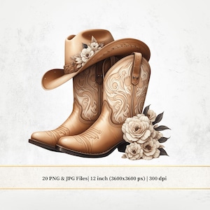 Könnte beinhalten: Ein Paar braune Cowboy-Stiefel mit aufwendigen Blumenmustern und ein brauner Cowboyhut mit weißen Blumenapplikationen. Die Stiefel und der Hut sind von weißen Blumen umgeben.
