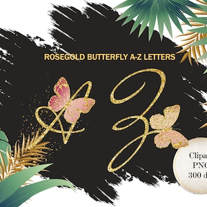 Alfabeto con purpurina dorada y mariposas en color oro rosa, letras digitales con purpurina dorada, fuente efímera dorada PNG SI0072