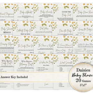 Daisy babyshower-gamebundel, 20 witte bloemen babygames, afdrukbare babyshowerpartygames, genderneutraal