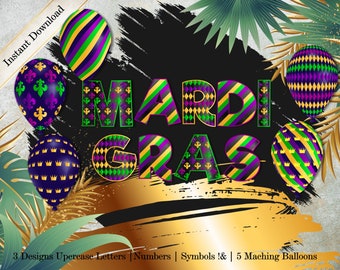 Mardi Gras Schrift Clipart: Digitale Buchstaben, Zahlen, Luftballons (SVG, PNG)