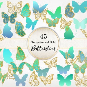 Türkis und Gold Glitzer Schmetterlinge Bildpaket, Spitze Schmetterlinge Clipart, Golden und Blau Mettalic Schmetterling PNG Bildpaket SI0073