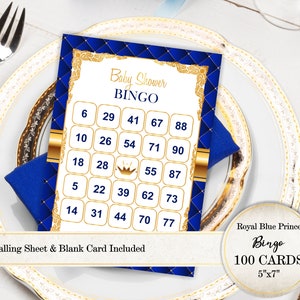 Royal Blue Prince babyshowerbingo, babyshowerspellen, 100 vooraf ingevulde prinsbingokaarten, gouden kroonspellen, SI0031