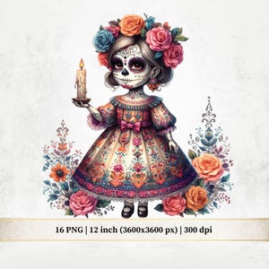 Dia de Los Muertos Girl Cliparts, Day of the Dead Illustration, Sugar Skull with Sombrero & Flowers PNG, Mexican Day Sublimation Files