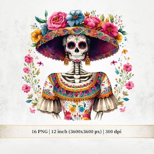 Dia de Los Muertos Woman Cliparts, Day of the Dead Illustration, Sugar Skull with Sombrero & Flowers PNG, Mexican Day Sublimation Files